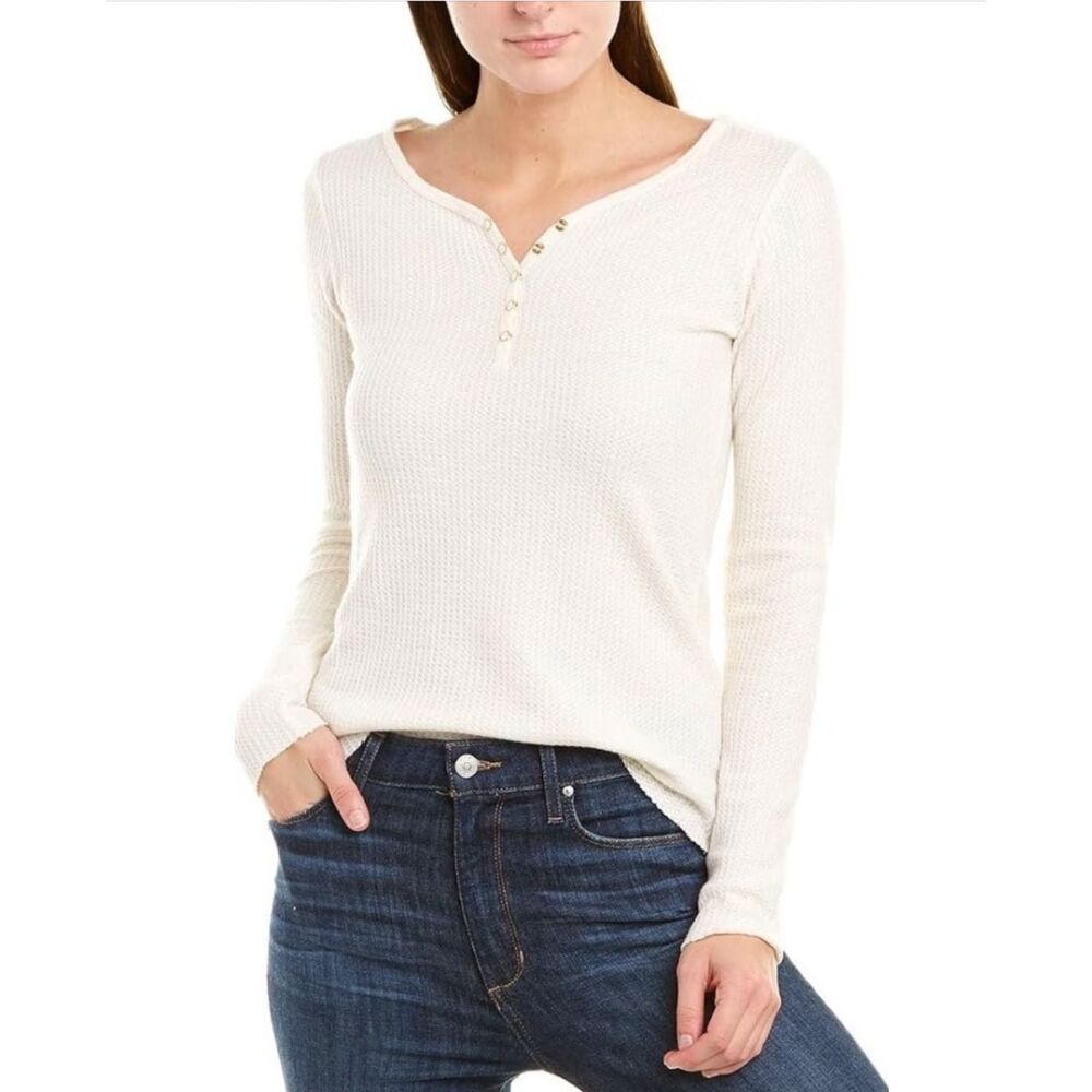 NATION LTD Neala Cream Waffle Knit Snap Button Henley Shirt Womens Large